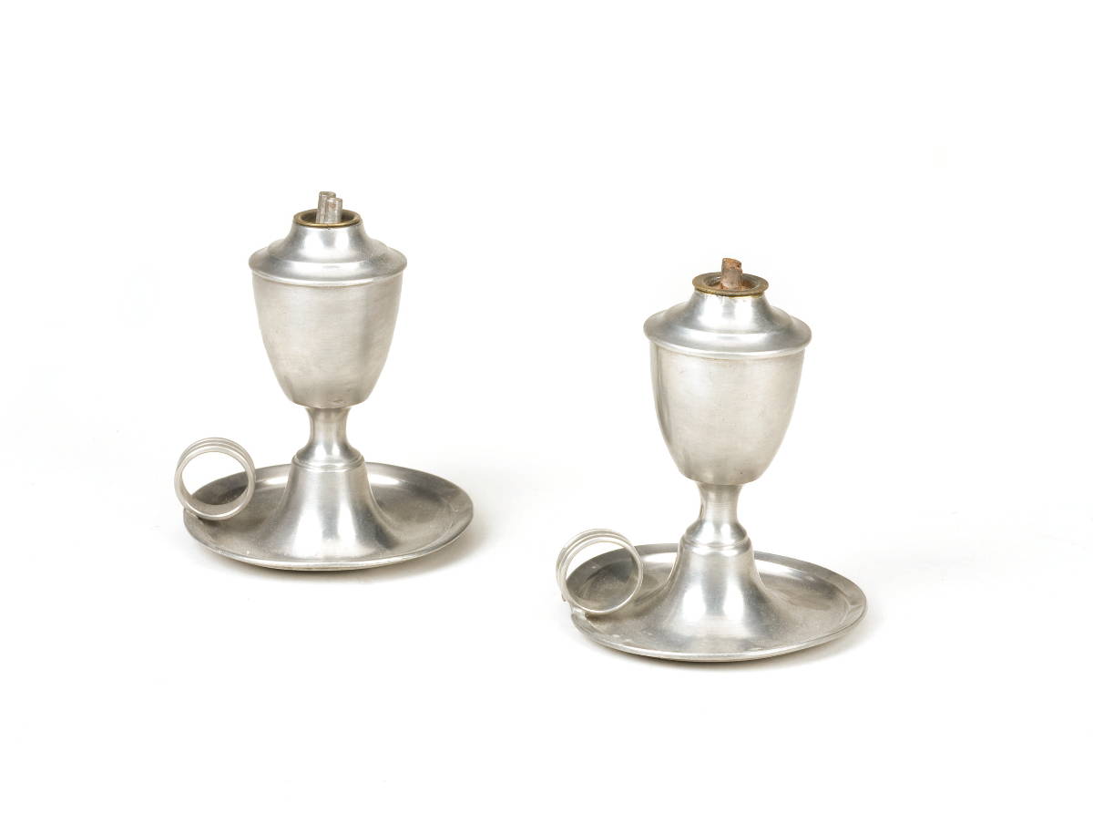 Appraisal: PAIR OF AMERICAN PEWTER WHALE-OIL SAUCER BASE HAND LAMPS Height