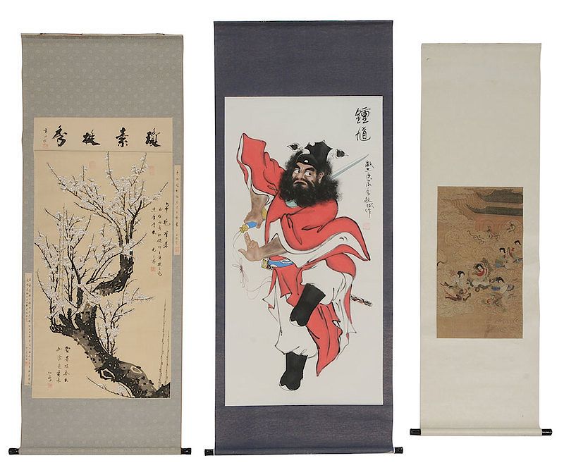 Appraisal: Three Asian Hand-Painted Scrolls one depicting a fierce warrior inscriptions