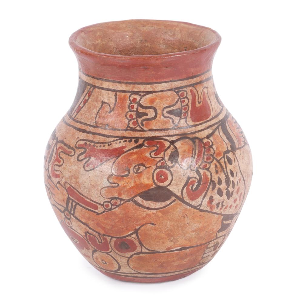 Appraisal: MAYAN PRE COLUMBIAN POTTERY JAR VESSEL WITH POLYCHROME FIGURAL DECORATION