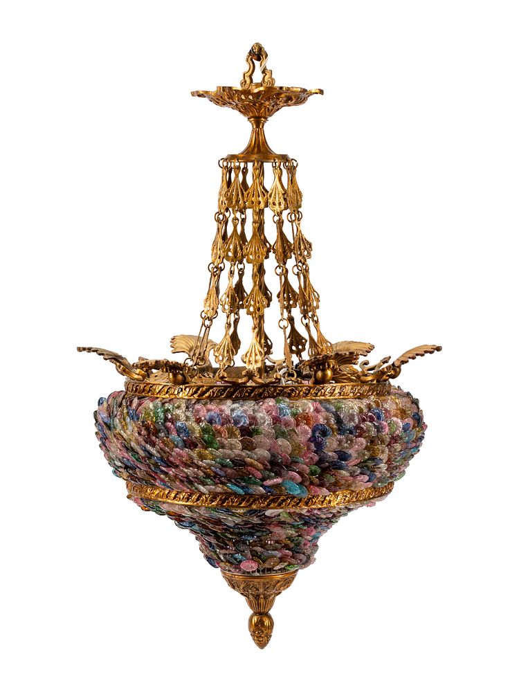 Appraisal: A Continental Gilt Bronze and Colored Glass Lantern A Continental