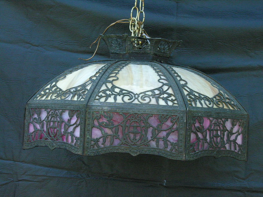 Appraisal: BEAUTIFUL SLAG GLASS HANGING LIGHT Gold slag and pink slag