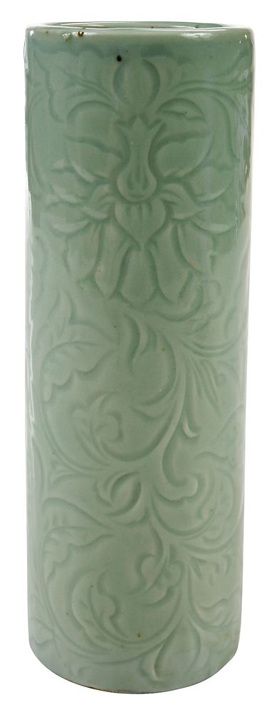 Appraisal: Chinese Celadon Porcelain Cylinder Vase mold cast vase with incised