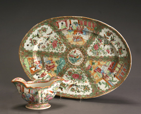 Appraisal: Chinese Export 'Rose Medallion' Oval Platter and a Sauce Boat