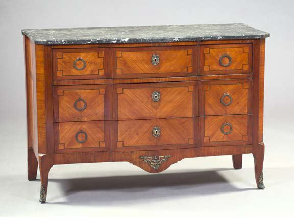 Appraisal: Transitional Louis XV-into-Louis XVI-Style Mahogany and Kingwood Marble-Top Commode the