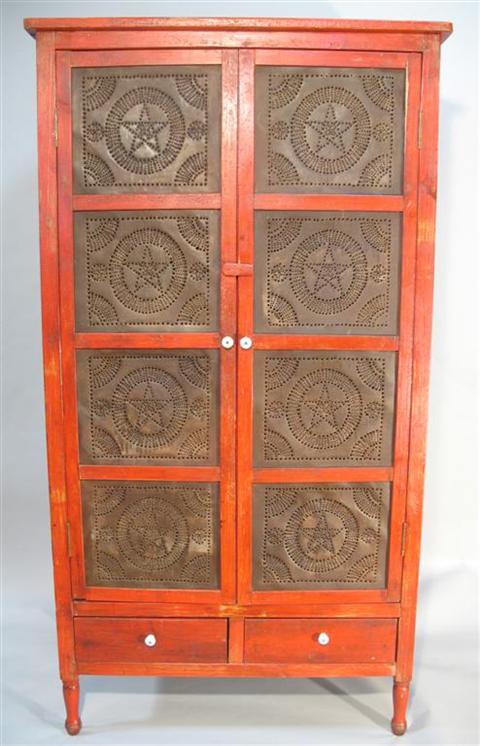 Appraisal: AMERICAN RED PAINTED PUNCHED TIN PIE SAFE th century the