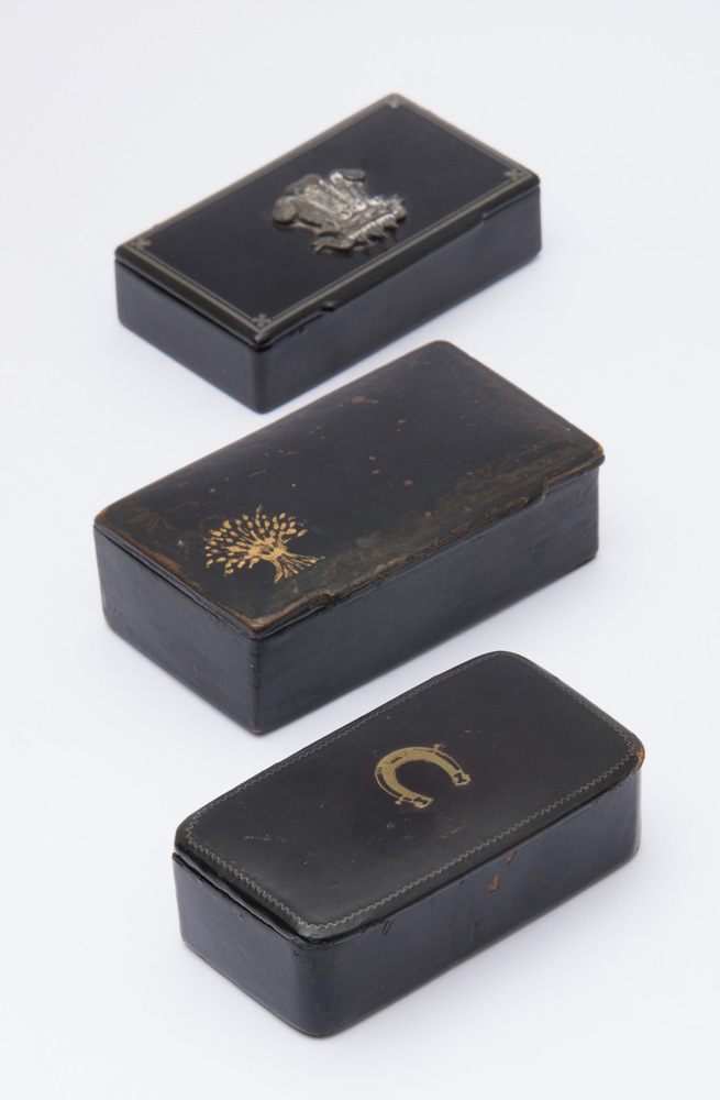 Appraisal: THREE VICTORIAN BLACK LACQUER PAPIER MACH SNUFF BOXES Comprising one