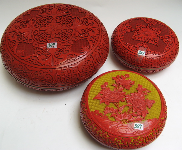 Appraisal: THREE CINNABAR LACQUER COVERED BOXES compressed globular shapes decorated with