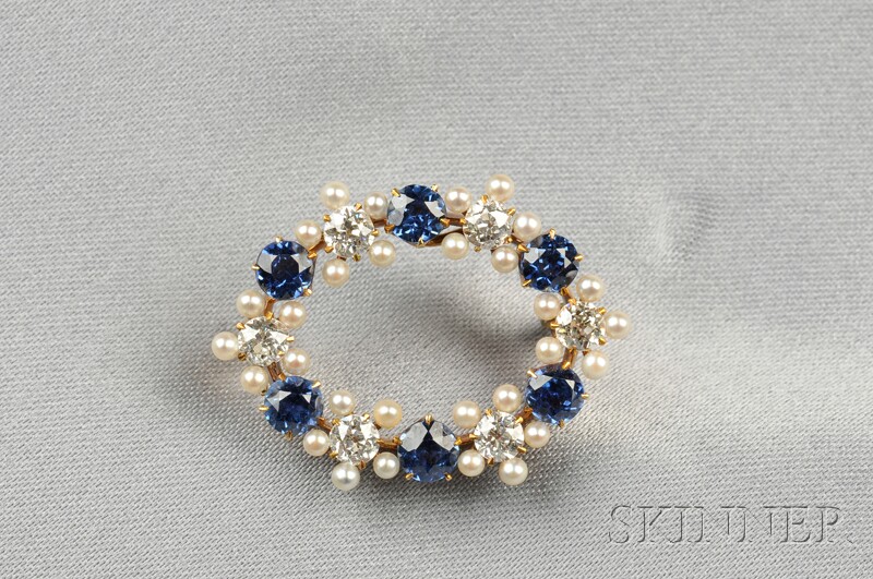 Appraisal: Edwardian kt Gold Sapphire and Seed Pearl Brooch designed as