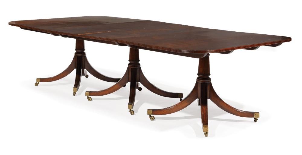 Appraisal: Antique Georgian Carved Mahogany Three Pedestal Extension Dining Table reeded