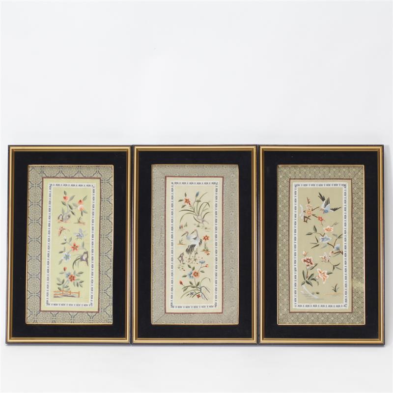 Appraisal: Three Framed Chinese Embroidered Silk Panels featuring different plant and