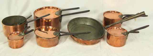 Appraisal: Six copper saucepans with iron handles and associated copper covers