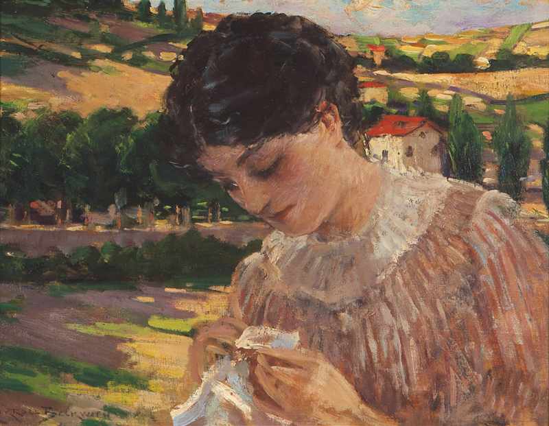 Appraisal: 'Mademoiselle Alice'' woman embroidering in a rural French landscape oil