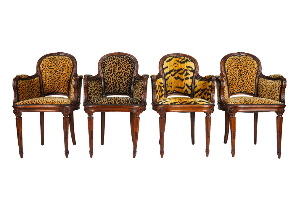 Appraisal: FOUR LOUIS XVI STYLE BERGERESwith mismatched animal-print upholstery Condition slight