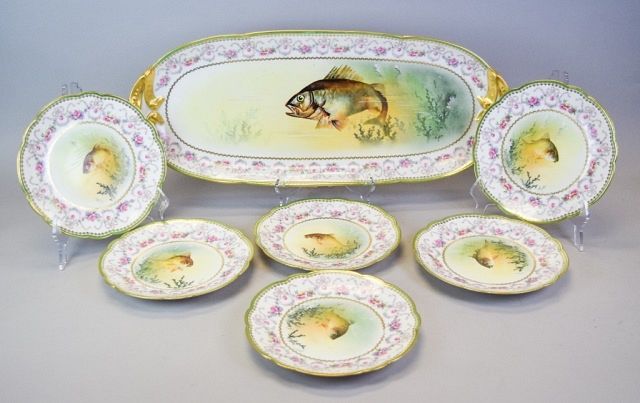 Appraisal: Pieces Limoges Porcelain Fish Set Hand painted D C France