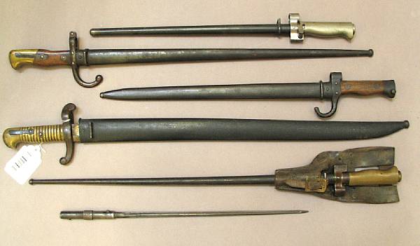 Appraisal: A lot of six French bayonets Comprising Mod with partially