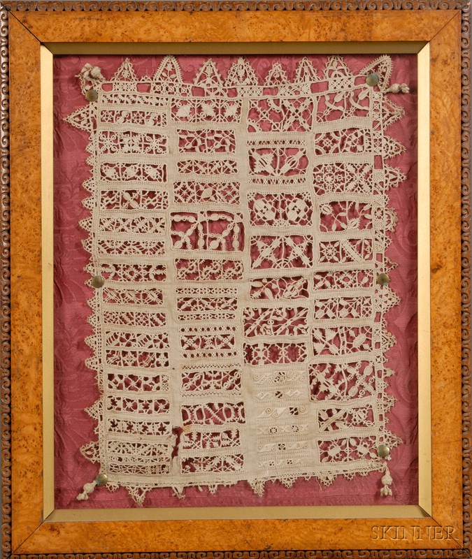 Appraisal: Framed Italian Reticalla Needlelace Sampler th century cutwork and needlework