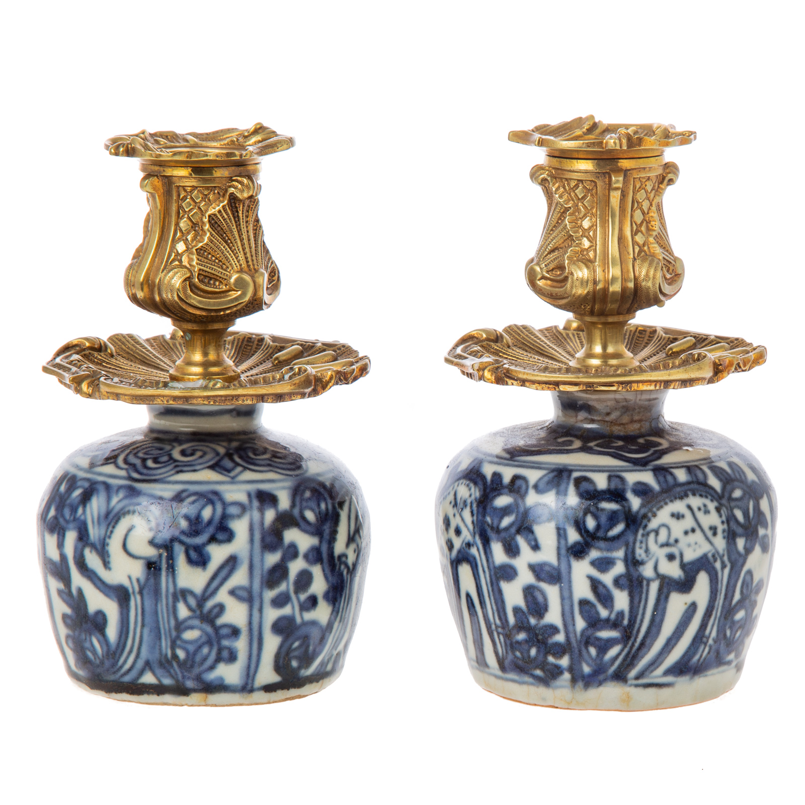 Appraisal: A PAIR OF CHINESE EXPORT BLUE WHITE VASE CANDLE HOLDERS