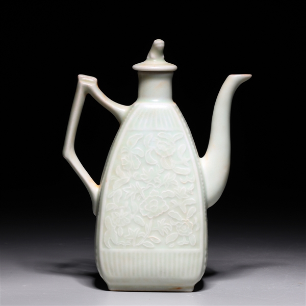 Appraisal: Chinese celadon glazed porcelain teapot with incised floral designs to