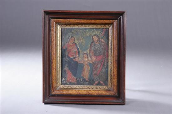 Appraisal: SPANISH COLONIAL RETABLO OF THE HOLY FAMILY th century Oil