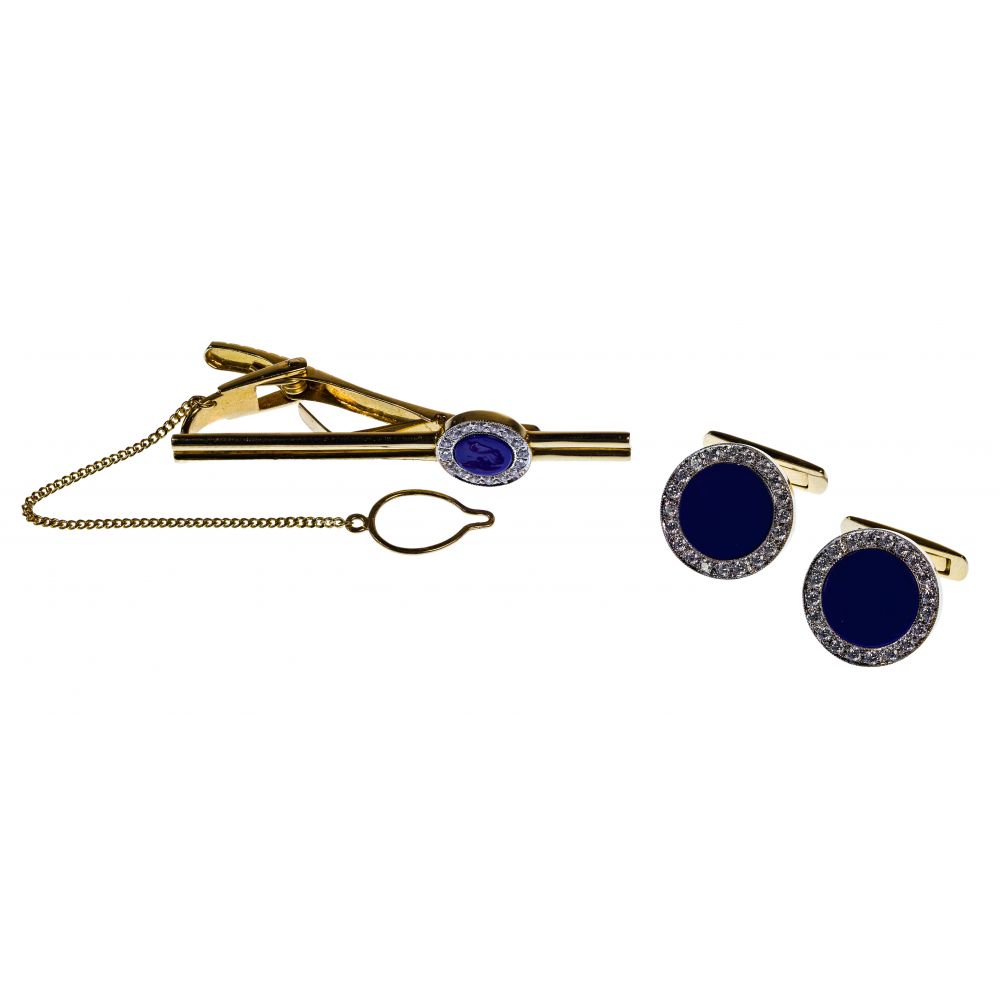 Appraisal: K YELLOW GOLD ENAMEL AND WHITE TOURMALINE CUFFLINK AND TIE