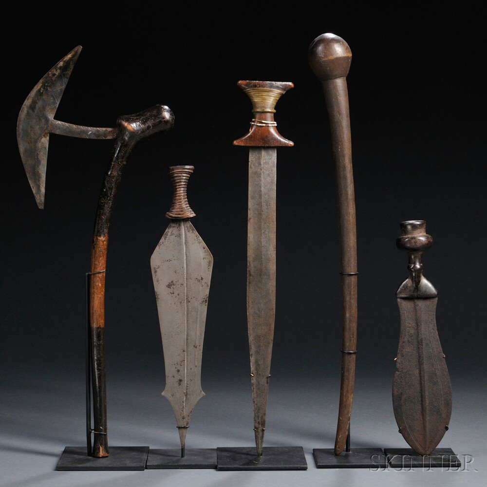 Appraisal: Five African Weapons includes a Kuba knife an axe and