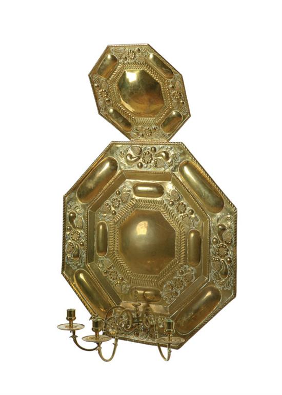 Appraisal: WALL SCONCE Continental th century brass Large embossed octagonal back