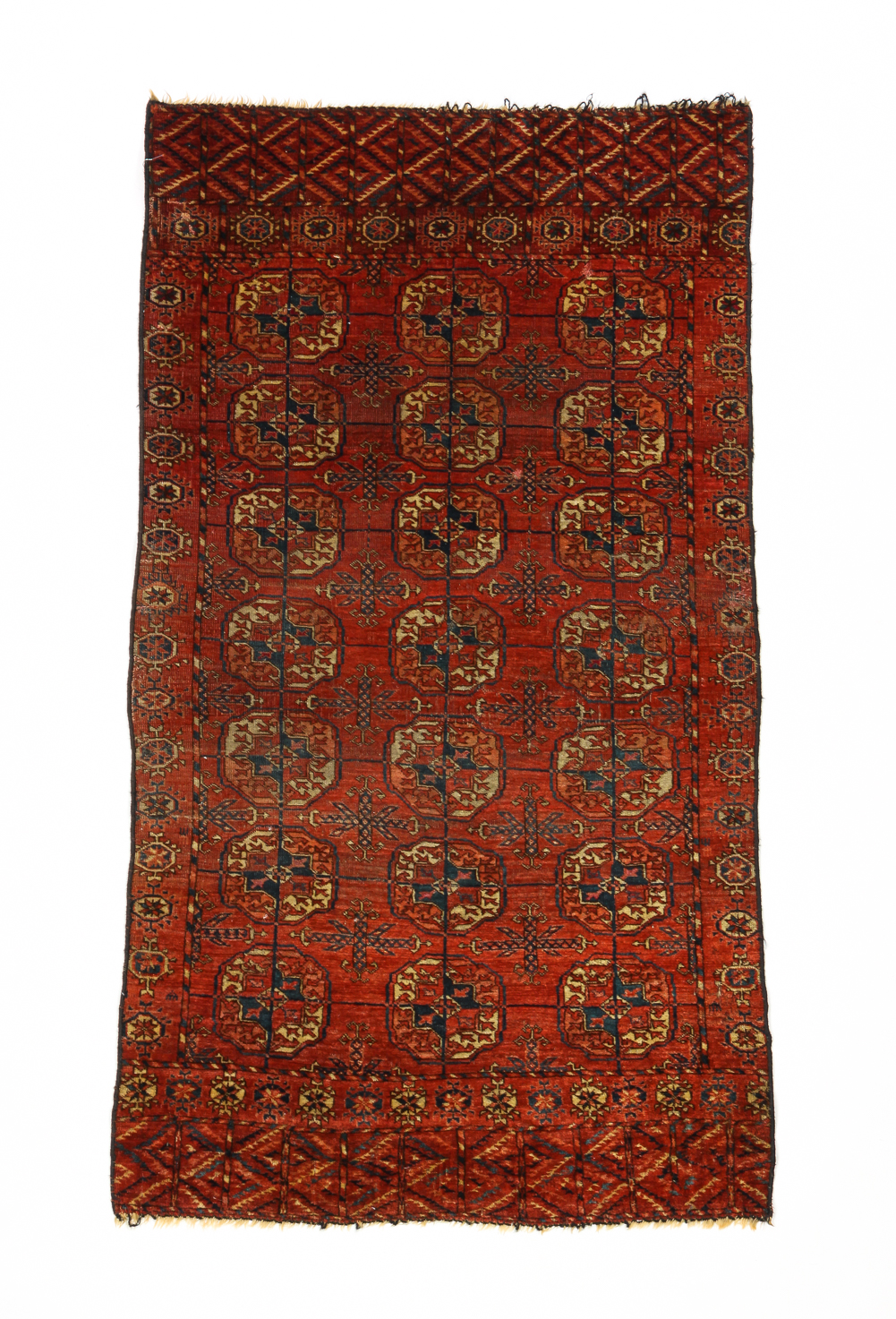 Appraisal: TURKMEN RUG Early th century Repeating design with blue accents