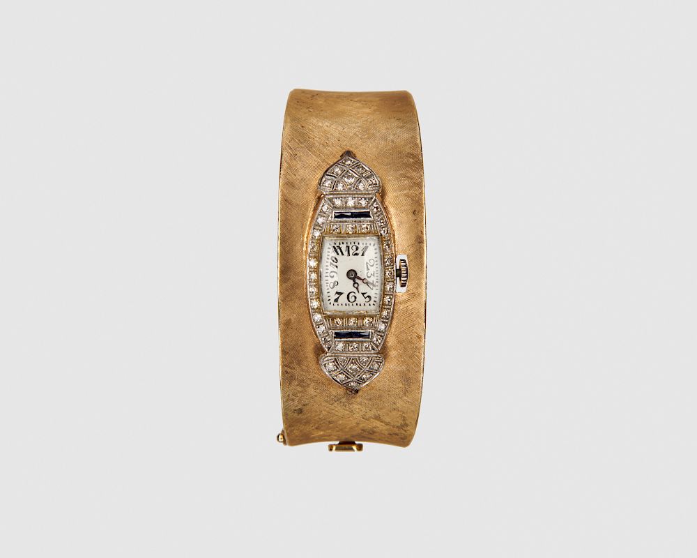 Appraisal: K Gold Platinum Diamond and Sapphire Cuff Wristwatch K Gold