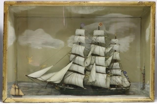 Appraisal: TH C FRAMED DIORAMA DEPICTING MASTED SHIPUNDER SAIL WITH CUT