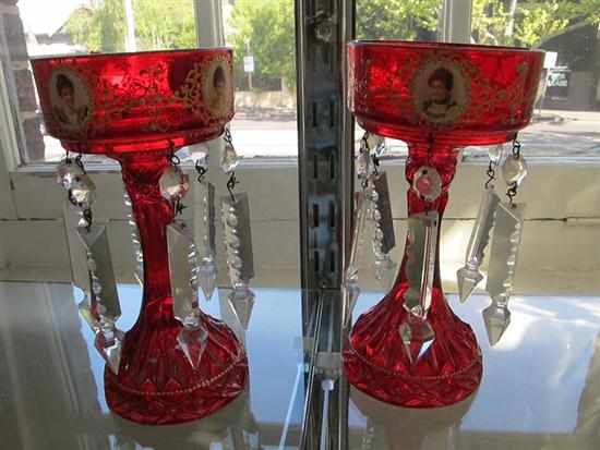 Appraisal: PAIR OF RUBY GLASS LUSTRE PORTRAIT VASES