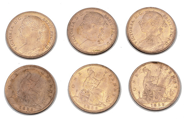 Appraisal: SIX VICTORIAN PENNIES N G C five with Serif missing