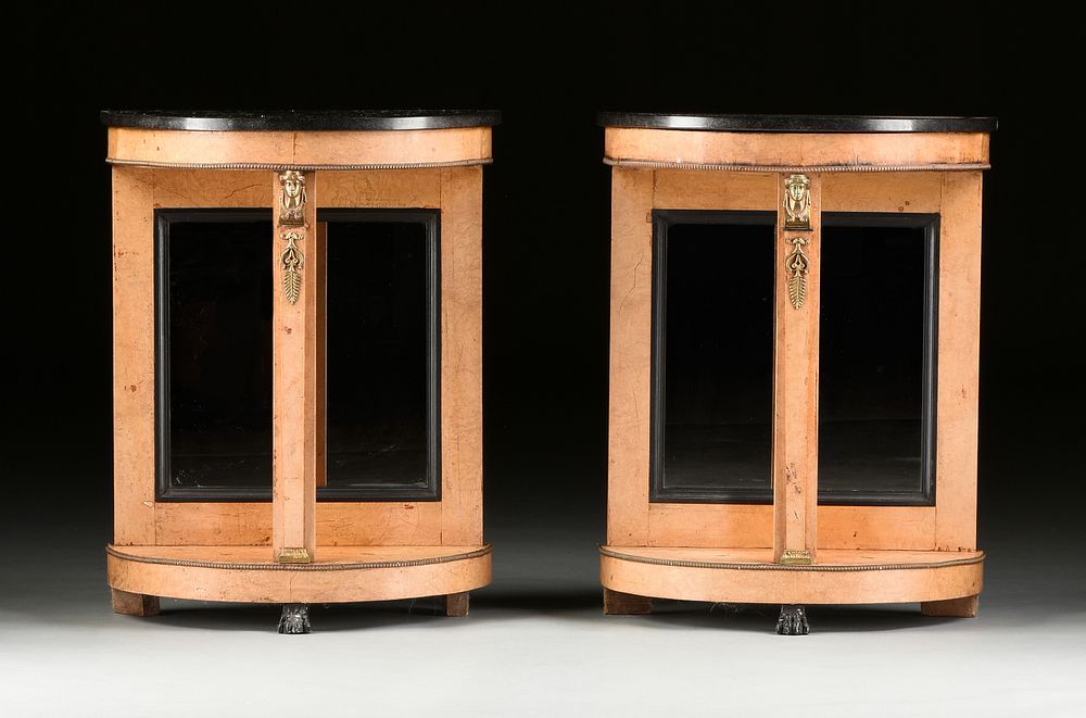 Appraisal: A PAIR OF EMPIRE STYLE MARBLE TOPPED AND MIRROR BACKED