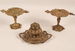 Appraisal: PIECE GILT BRONZE DESK SET CONSISTING OF AN OPENWORK INKWELL