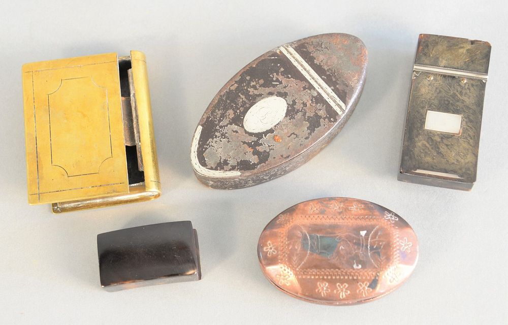 Appraisal: Five snuff boxes to include copper marked David Baynham Blacksmith