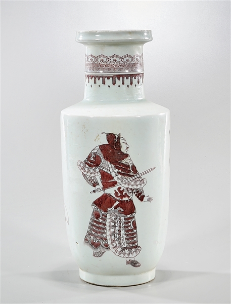 Appraisal: Chinese red and white porcelain rouleau vase depicting soldiers six