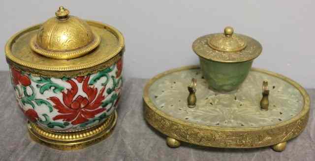 Appraisal: Asian Lot Including a Jade and Brass Inkwell With an