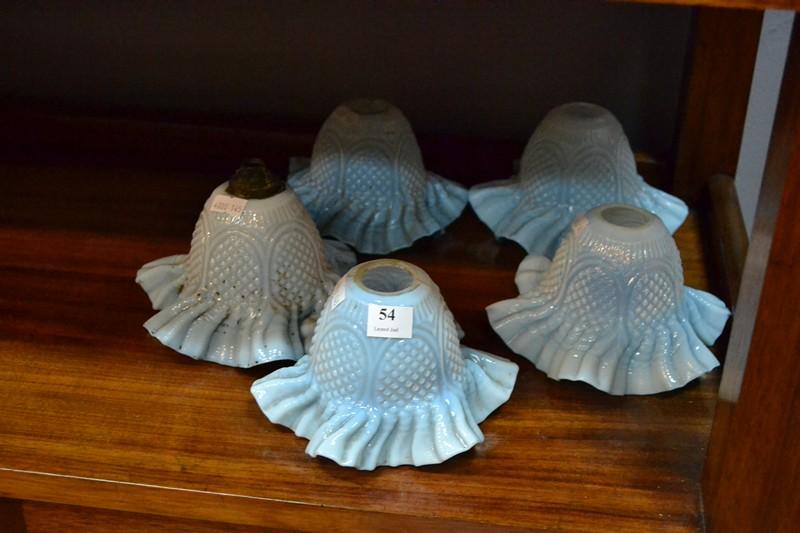 Appraisal: SET OF FIVE FRILLED BLUE VASELINE GLASS LIGHT SHADES