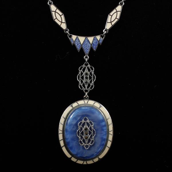 Appraisal: Art Deco rhodium plated Blue and Ivory Enamel Necklace with