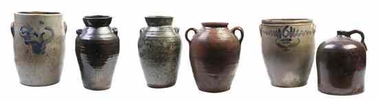 Appraisal: A Collection of Six Stoneware Articles comprising five crocks with