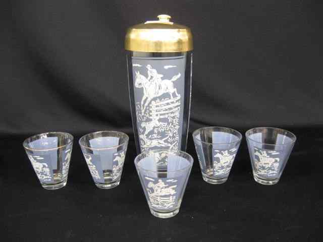 Appraisal: Equestrian Decorated Glass Cocktail Set shaker tumblers fox hunt scenes