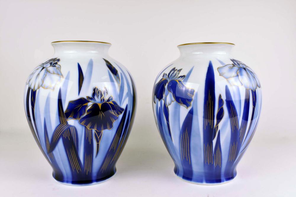 Appraisal: PAIR OF JAPANESE IRIS DECORATED PORCELAIN VASESModern Signed in characters