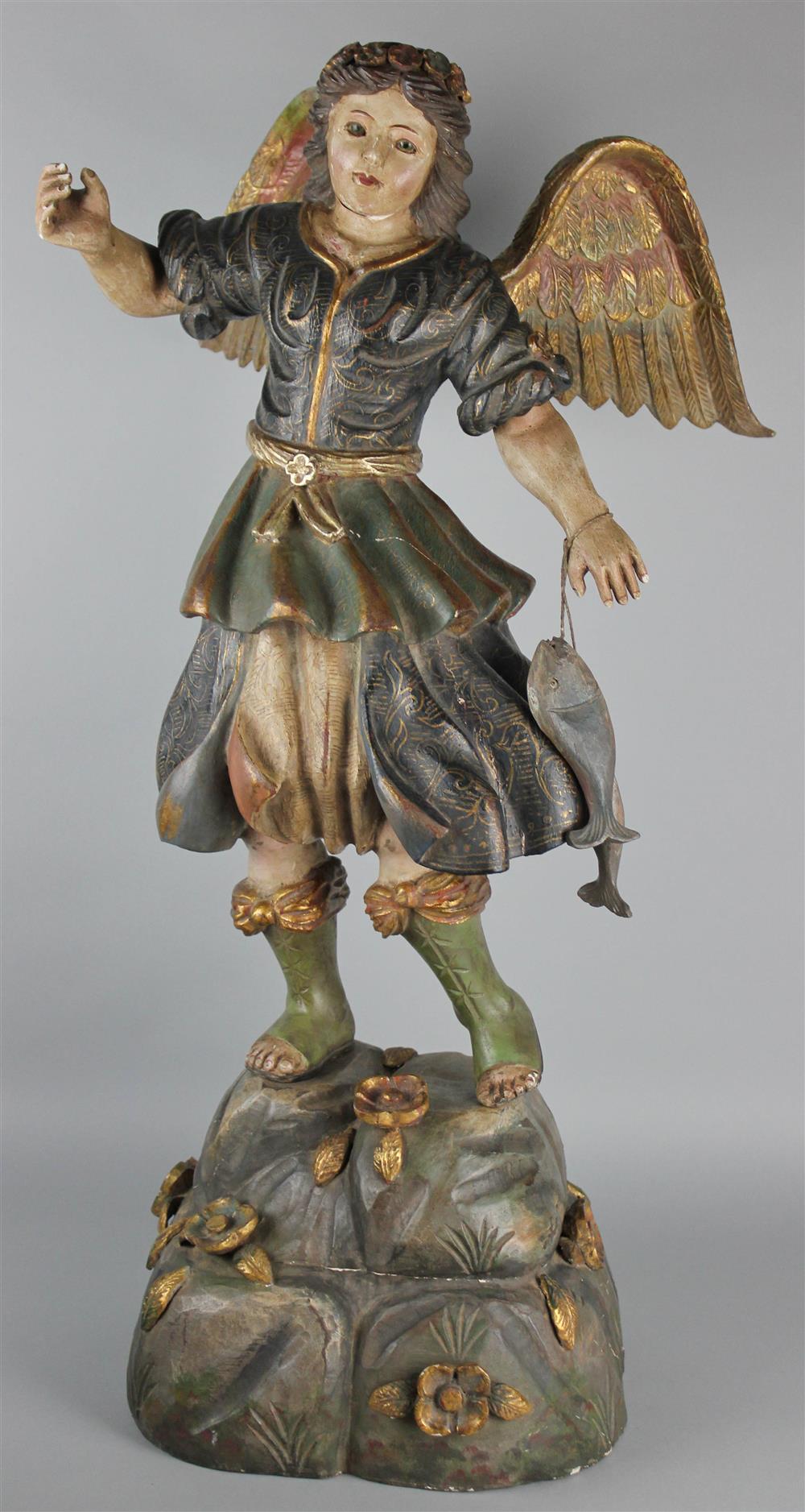 Appraisal: SPANISH COLONIAL POLYCHROME WOOD ARCHANGEL RAPHAEL probably th Century with