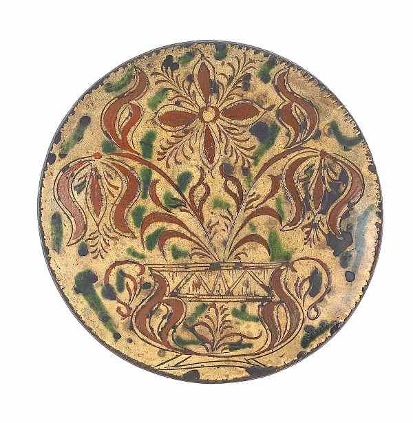 Appraisal: Bucks County Pennsylvania sgraffito redware charger ca attributed to Conrad