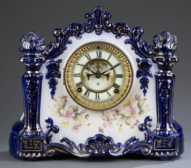 Appraisal: Ansonia Flow-Blue Porcelain Clock Patent Enameled face with Roman numerals