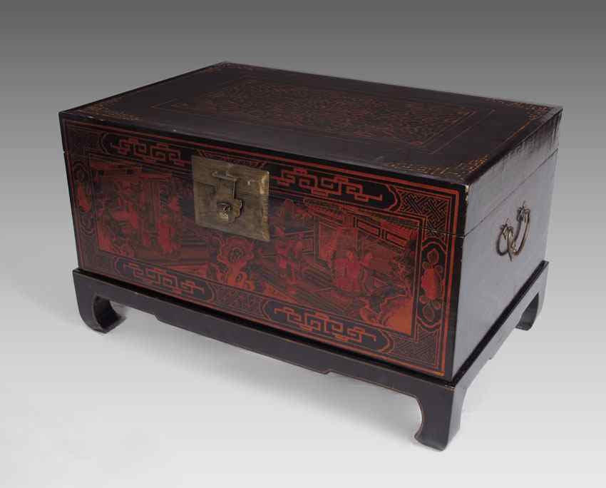 Appraisal: PAINT DECORATED CHINESE LACQUER CHEST ON STAND Hinged top trunk