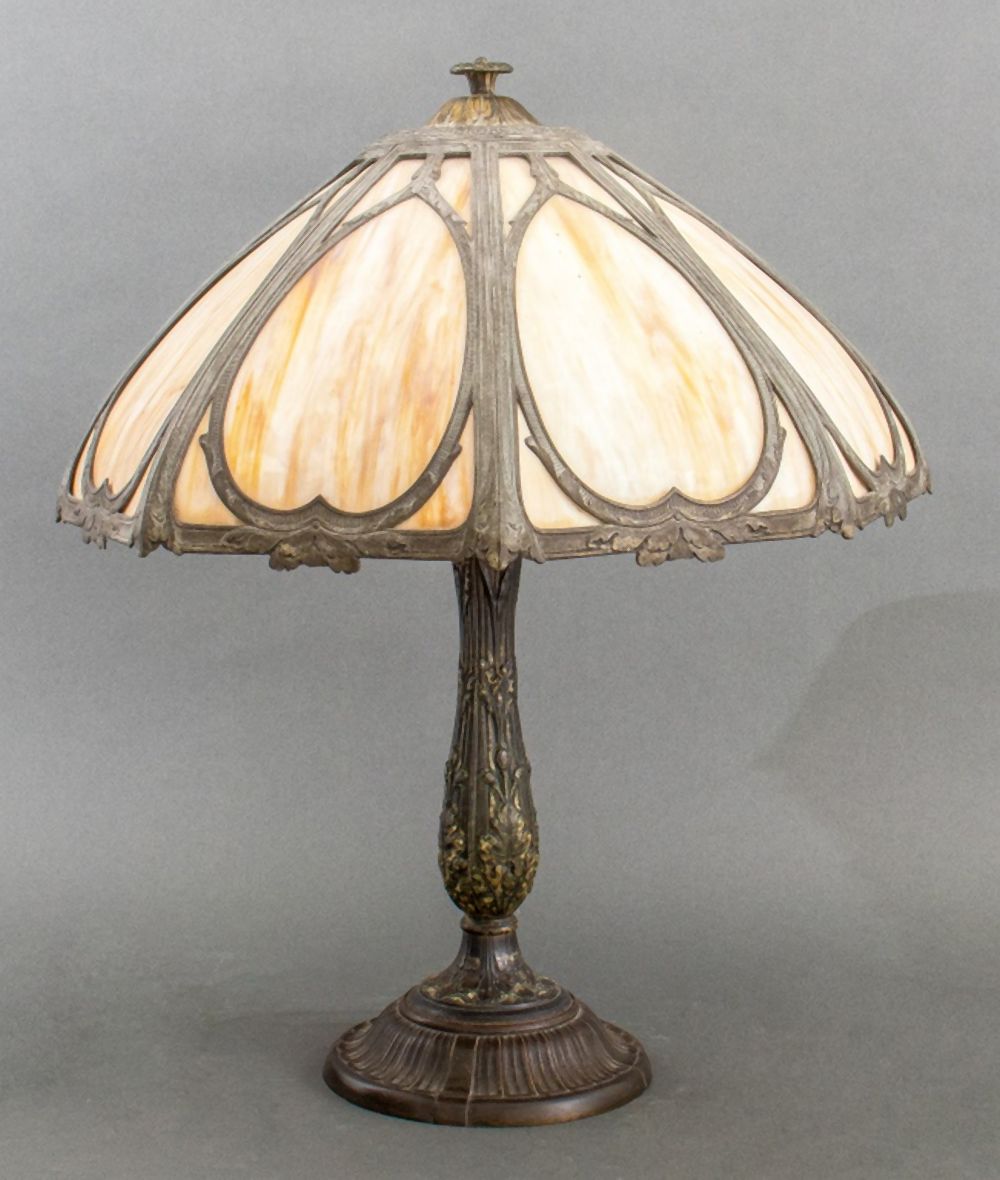 Appraisal: RAINAUD TABLE LAMP WITH SLAG GLASS SHADE Art Nouveau Rainaud