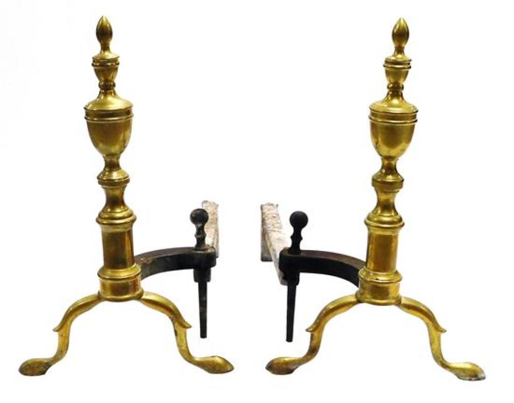 Appraisal: Pair of brass andirons with urn spire spurred cabriole legs