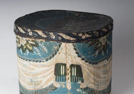 Appraisal: SMALL WALLPAPER COVERED HAT BOX IN A DRAPERY SWAG PATTERN