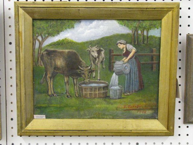 Appraisal: Oil on Canvas of Maiden Cows signed dated