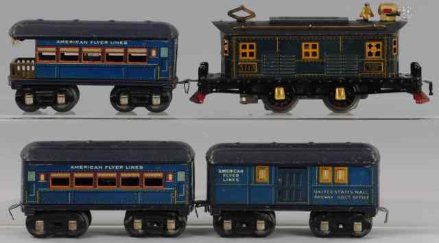 Appraisal: AMERICAN FLYER BLUE BIRD PASSENGER SET O gauge lithographed bodies